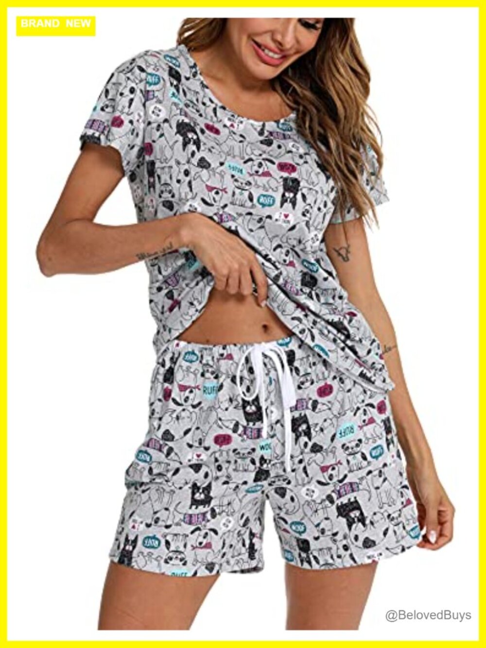 Womens 2 Piece Cotton Pajama Short Set V-Neck Tee Drawstring Shorts